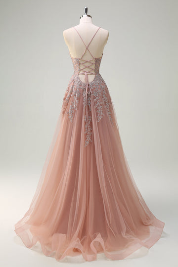 Blush A Line Lace Up Back Beaded Appliqued Long Prom Dress with Slit